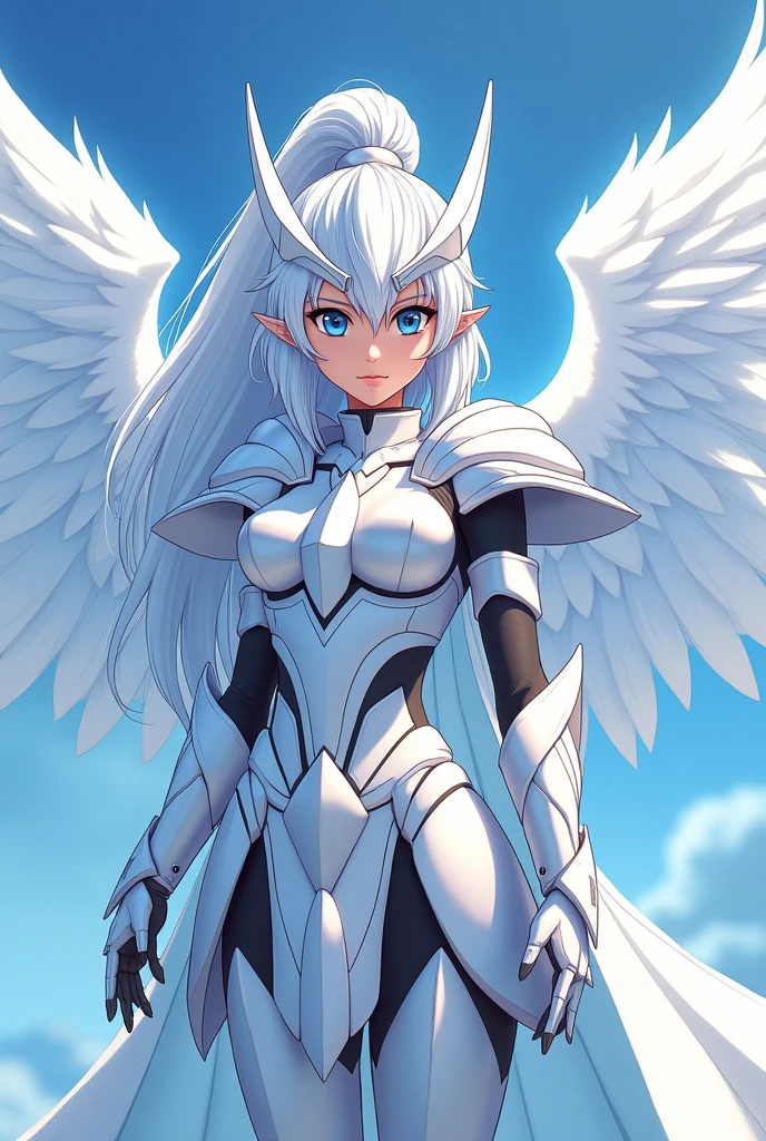 Cartoon image of a woman in armor with wings, Clad in mystical battle armor, Wearing light armor, Silver ice-colored reflective armor, Shiny white armor, Saint Seiya, Streamlined white armor, Opal Armor, Zodiac Knight Girl, Wearing Shining Armor, shiny silver armor, Shiny bright white armor, Mecha style Greek god