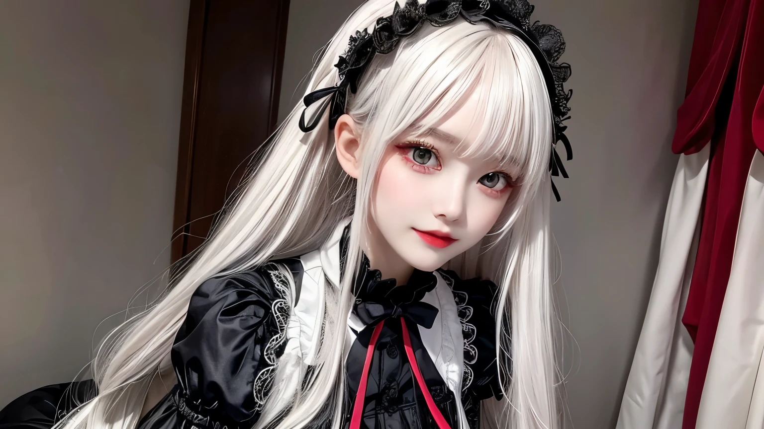 Has long white hair and red eyes、Please draw a super beautiful girl wearing a black hair accessory.。She wears a Gothic Lolita outfit、The elegant and mysterious atmosphere surrounds you.。Her hair ornament is black、Showing off her beautiful hair、It highlights her individuality。
Her Gothic Lolita outfit、A dark and luxurious design that is still subtle、It maintains its understated charm。Lace and ribbon、Accents such as ruffles、It is a hallmark of her Gothic Lolita style.。The outfit hugged her figure beautifully.、It gives elegance and class。
Her red eyes shine passionately、Combined with her charming smile、It highlights her individuality and charm.。Her smile has a unique charm、Combined with her mysterious aura、Her charm stands out even more。Her appearance is美しく、Its presence is captivating。upper body,
This beautiful girl with long white hair and red eyes、Wearing a modest yet attractive Gothic Lolita outfit、It displays its beauty and dignity。Her appearance is、Her presence and charm in the world of Gothic Lolita fashion is fused together.、It is a fascinating and mysterious sight.。