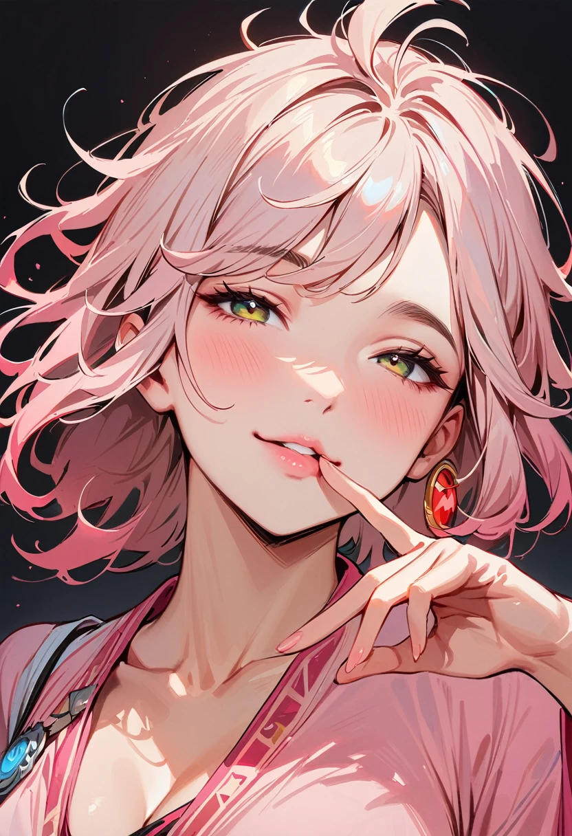 (masterpiece, best quality:1.4), 1 girl, 独奏, Off-white pupils, Blurred eyes, Close your left eye, Smile, Look up and down, Pink lower lip, peace gesture, Pink short hair, Messy hairstyle,  Royal sister, large breasts, Pink loose shirt, Vision, black background.