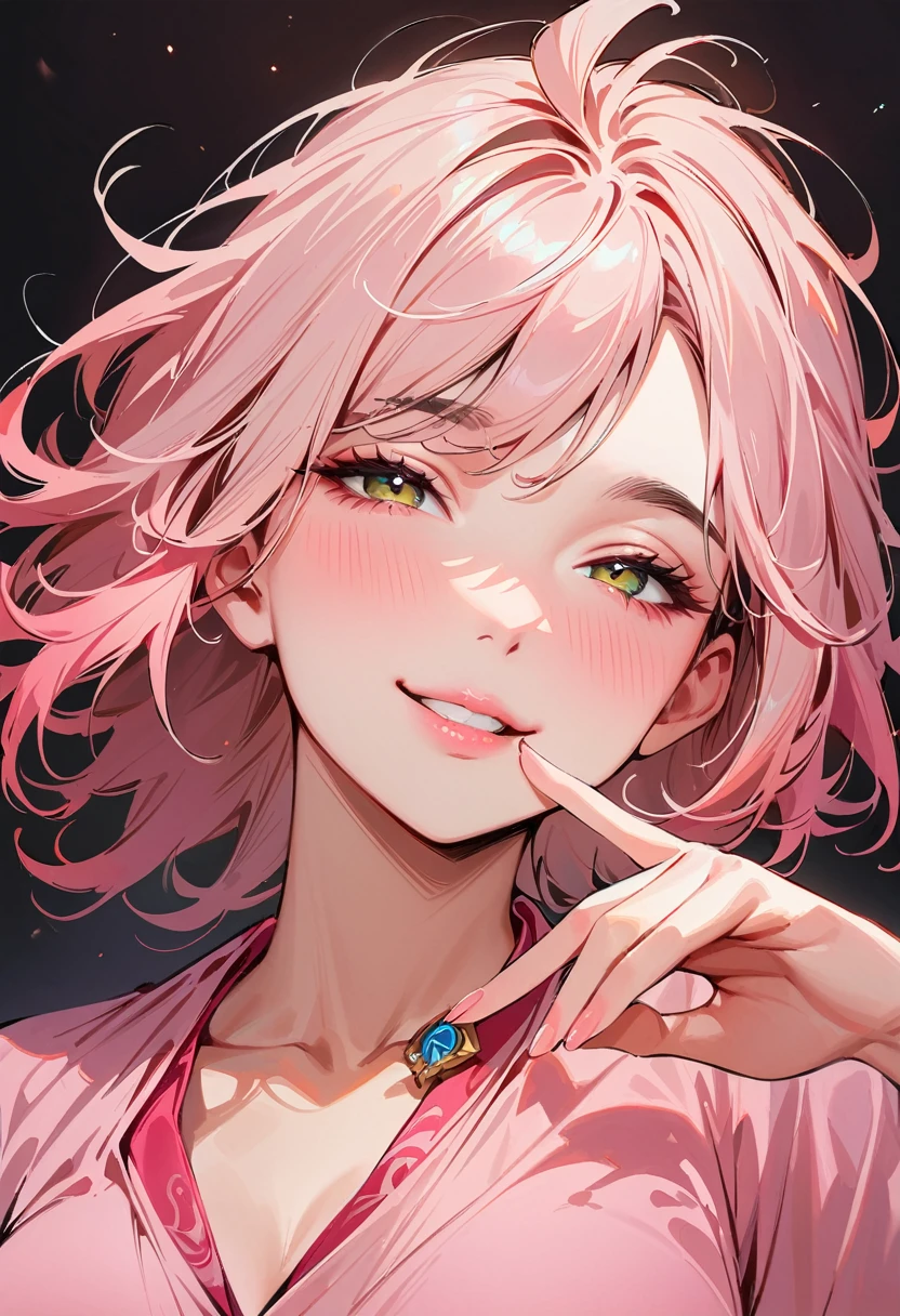 (masterpiece, best quality:1.4), 1 girl, 独奏, Off-white pupils, Blurred eyes, Close your left eye, Smile, Look up and down, Pink lower lip, peace gesture, Pink short hair, Messy hairstyle,  Royal sister, large breasts, Pink loose shirt, Vision, black background.