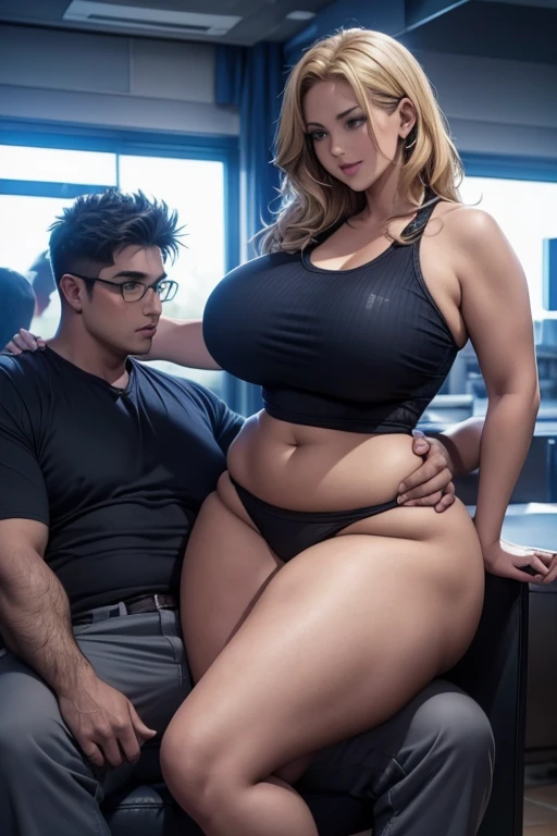 There is a boy sitting in a chair. There is a girl sitting on his lap facing away from the boy. The girl is blonde. The girl is curvy with thick thighs and a big ass, a big thick ass. She's wearing athletic shorts and a top. (((guy is grabbing her hip))), She is surprised and nervous and he is smirking, (((there is  another nerdy guy is watching)))