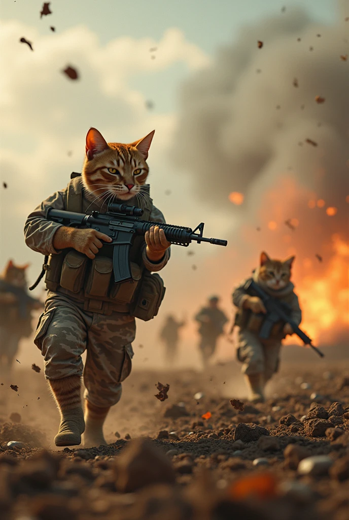 Cinematic, hyper-realistic 8K photo of a modern battlefield where cats in combat camouflage uniforms engage in intense warfare against humans. Explosions, gunfire, smoke, and debris fill the air, capturing the chaos of battle. Film grain effect, epic composition, movie poster style, with insane detail and dynamic action.