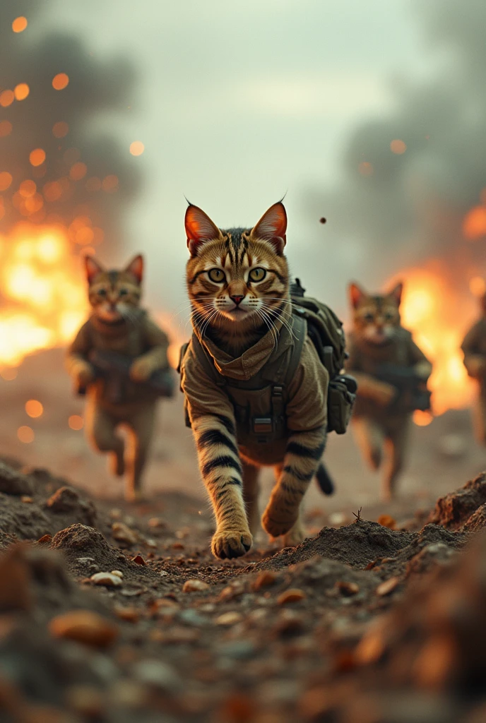 Cinematic, hyper-realistic 8K photo of a modern battlefield where cats in combat camouflage uniforms engage in intense warfare against humans. Explosions, gunfire, smoke, and debris fill the air, capturing the chaos of battle. Film grain effect, epic composition, movie poster style, with insane detail and dynamic action.