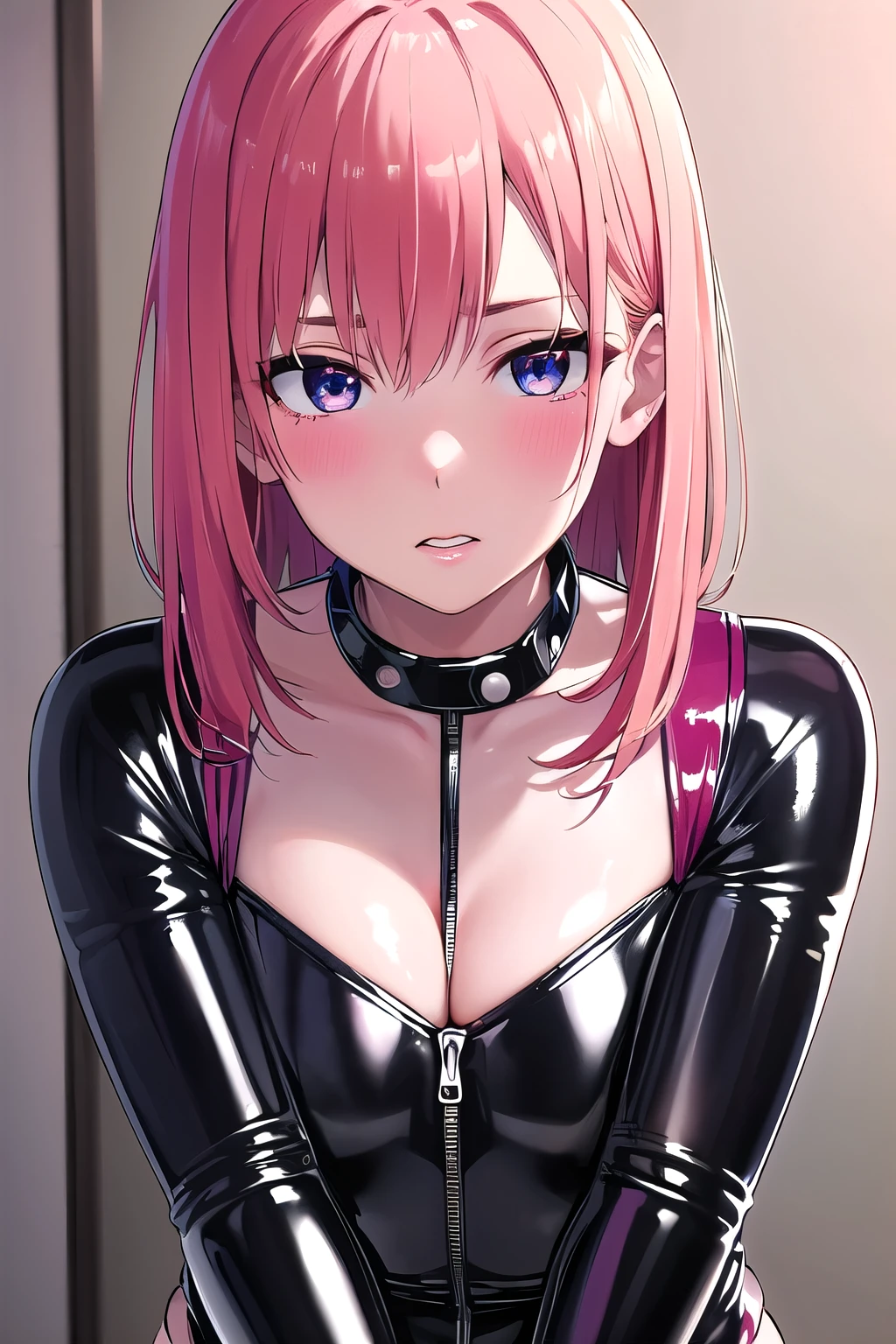blushed, (perfect anatomy), detailed eyes, detailed lips, extremely detailed eyes and face, vivid colors, sharp focus, masterpiece:1.2, ultra-detailed, blushed, ((((dominant, latex outfit)))), (solo), cowboy_shot, 20-year-old , pink hair