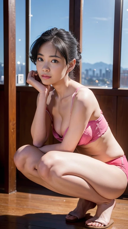 one asian woman, Random hairstyles for short hair or updo,18 ~ Random age between 25 years, wonderful face and eyes, looking at camera, shy smile、show teeth、Do squats、spread your knees、show your armpits、realistic bra and panties、I can see the shape of the nipple、cleavage、(highest quality:1.4), Very detailed CG synthesis 8k wallpaper, very detailed, High-definition RAW color photo, professional photos, realistic full body shot, sexly、random place