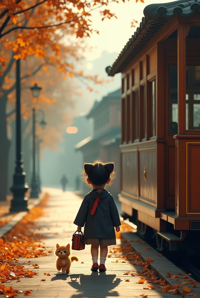35mm lens，Multiple angles，Countryside scenery，Suburban，Back，side，silhouette，Overhead shot，Cat，Standing，doll，Carrying a small school bag，tram，Beijing，Autumn Station，Wooden house，Platform， cloak,Ruan Jia,Suit,tie, (Delicate face), (Fine fluffy fur)，（35mm Cinema Lens），（Multi-angle shooting），（many viewing angles）