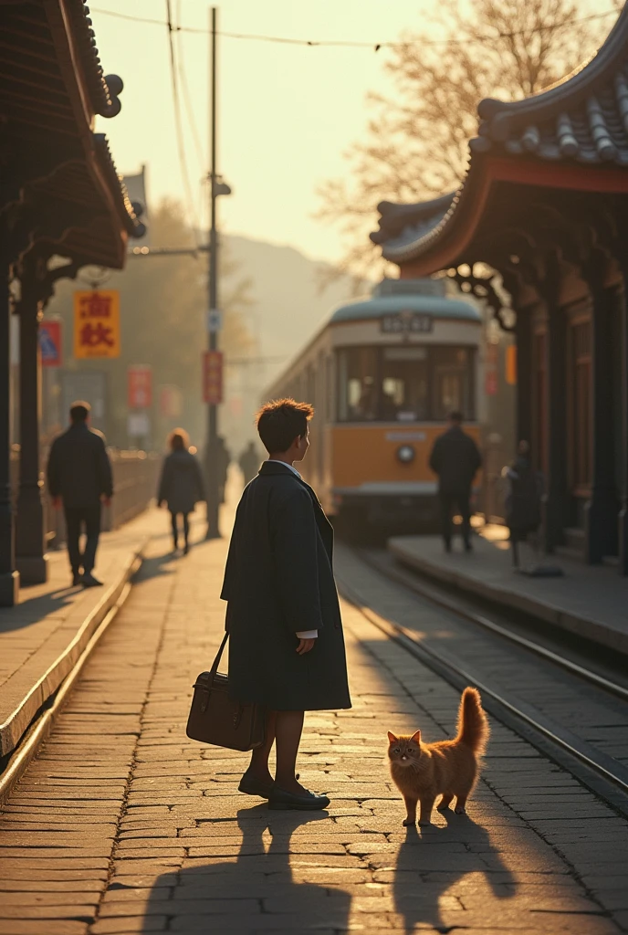35mm lens,Multiple angles,Countryside scenery,Suburban,Back,side,silhouette,Overhead shot,Cat,Standing,doll,Carrying a small school bag,tram,Beijing,Autumn Station,Wooden house,Platform, cloak,Ruan Jia,Suit,tie, (Delicate face), (Fine fluffy fur),(35mm Cinema Lens),(Multi-angle shooting),(many viewing angles)