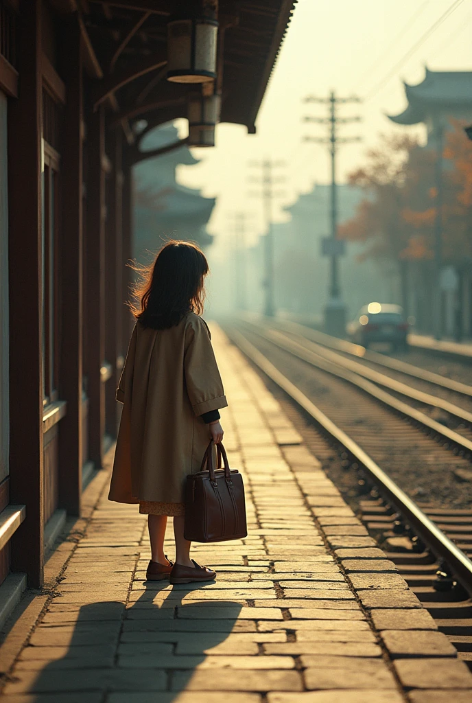 35mm lens,Multiple angles,Countryside scenery,Suburban,Back,side,silhouette,Overhead shot,Cat,Standing,doll,Carrying a small school bag,tram,Beijing,Autumn Station,Wooden house,Platform, cloak,Ruan Jia,Suit,tie, (Delicate face), (Fine fluffy fur),(35mm Cinema Lens),(Multi-angle shooting),(many viewing angles)