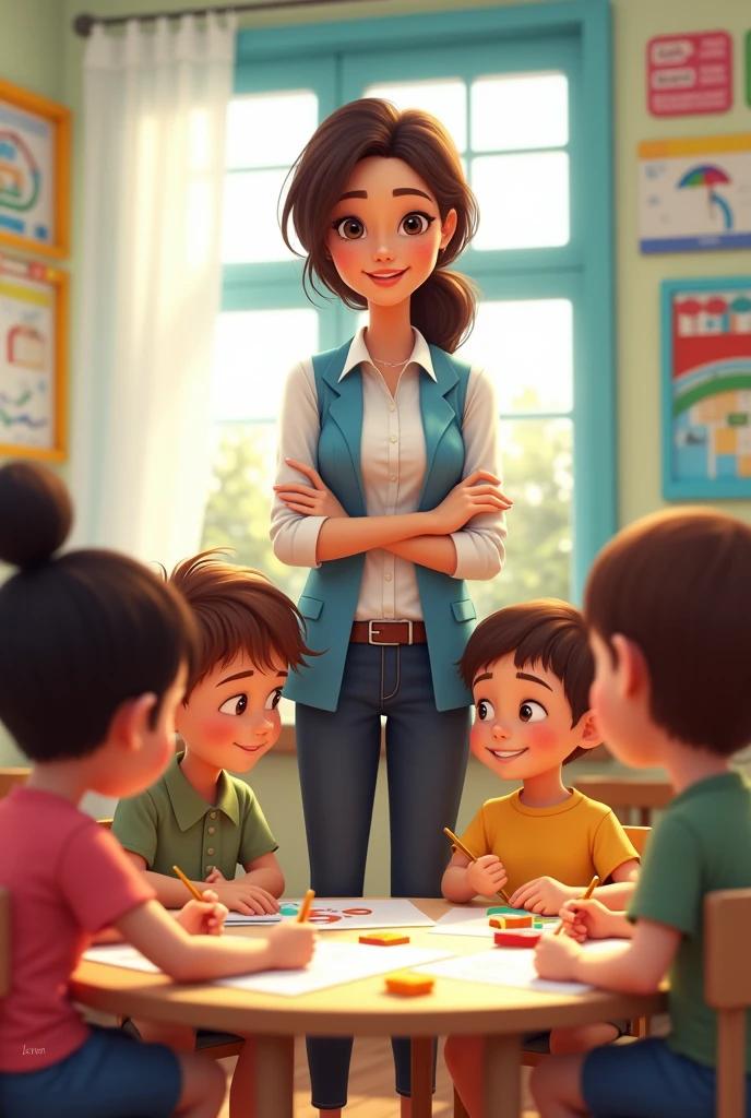 Teacher walking in classroom with preschool students. The teacher is attending to the students&#39; work