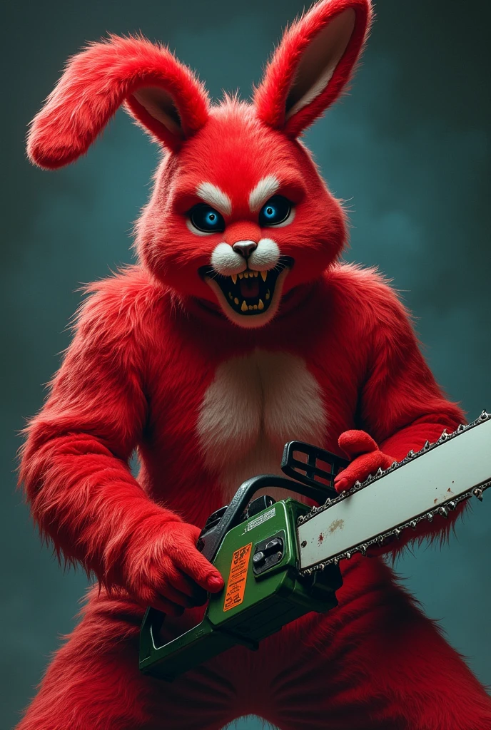 a sinister 80s movie poster-like illustration of a man wearing a furry red bunny costume holding a chainsaw in both hands