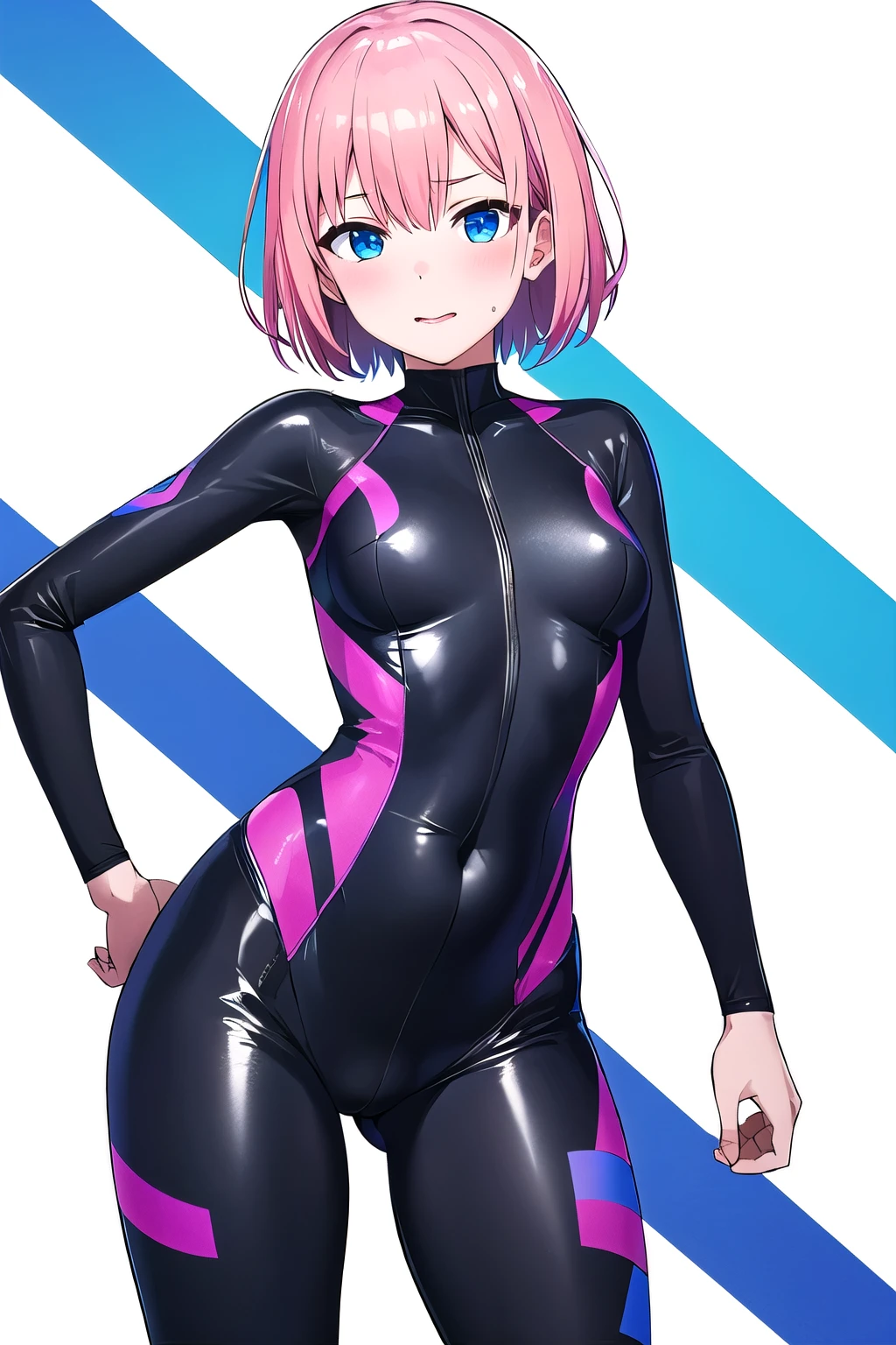 girl,boyish,Very short hair, pink Hair, medium Breasts,Black glossy tight suit,Cowboy Shot,blush,sexy face,blue eyes,front leg pose,Tight fit,clearly,Striped pattern, white background