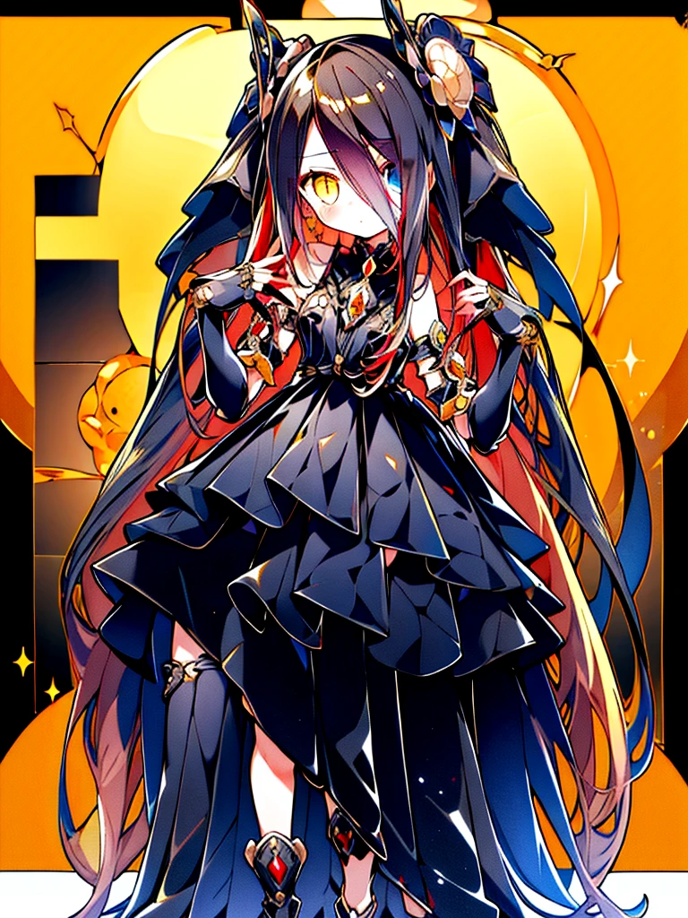 (full body),TYPHON,1girl,yellow eyes,Redee,独奏,very long hair,black dress,blush,elbow gloves,bare shoulders,heterochromia,black sclera,gauntlets,(masterpiece), (Highest quality), High resolution, Intricate details,