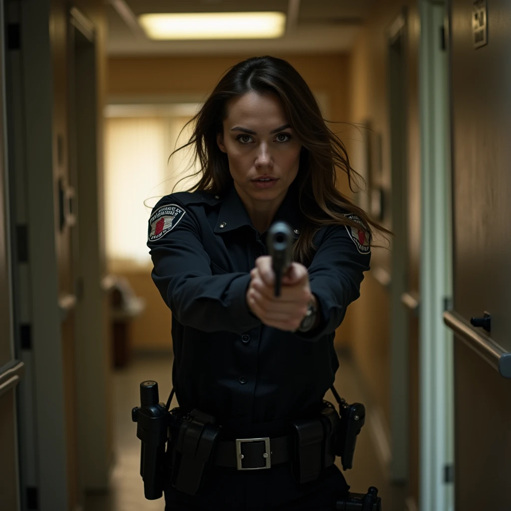 A female police officer with a gun.
Rushing into the hideout.