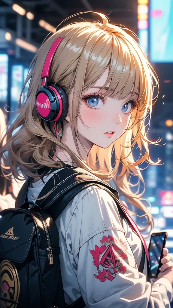 (masterpiece:1.4)、(of the highest quality:1.4)、Anime girl with headphones and backpack looking at cell phone, 4K anime style, (Very delicate and beautiful face.), (Beautiful eyes in every detail.), デジタルanimated art, night, digital anime illustration, animated art, Super detail, cyberpunk,