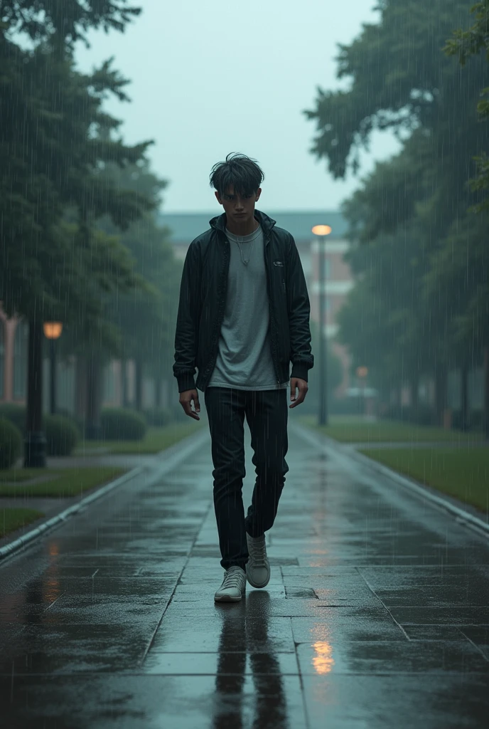 A university boy walking in the rain lonely and deep inside his thoughts  