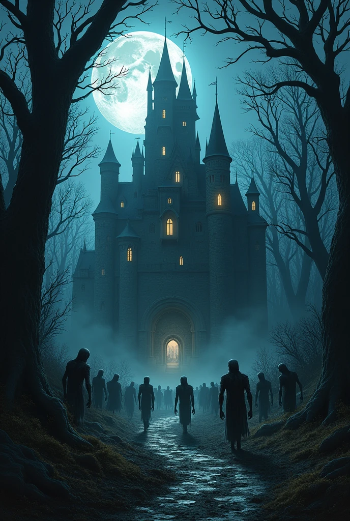 The castle inside the forest with horror appearance and people like zombie in front standing at night.