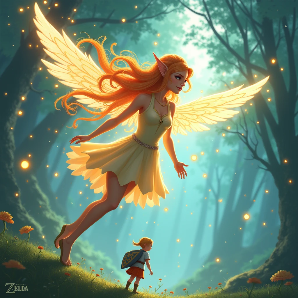 Create a zelda style digital illustration featuring a magnificent great fairy gracefully gliding through the air on her ethereal wings, radiating sassiness with every movement. Her vibrant hair flows behind her, intertwined with delicate lights that adorn her majestic form. With a cheeky expression, she gazes down at a tiny hero silhouette below, adding a playful touch to the scene. The intricate details of her fairy features are meticulously captured