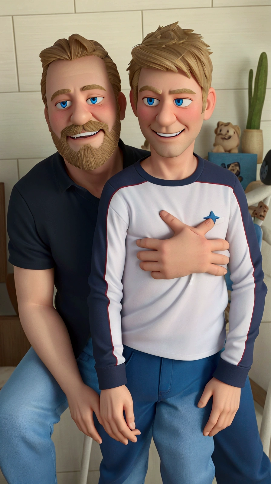 Pixar-inspired 3D poster of a middle-aged man with short blond hair and a medium beard, hugging his 8-year-old son, both blond with blue eyes and a happy expression.