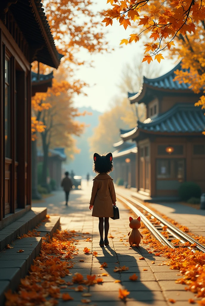 35mm lens,Multiple angles,Countryside scenery,Suburban,Back,side,silhouette,Overhead shot,Cat,Standing,doll,Carrying a small school bag,tram,Beijing,Autumn Station,Wooden house,Platform, cloak,Ruan Jia,Suit,tie, (Delicate face), (Fine fluffy fur),(35mm Cinema Lens),(Multi-angle shooting),(many viewing angles)