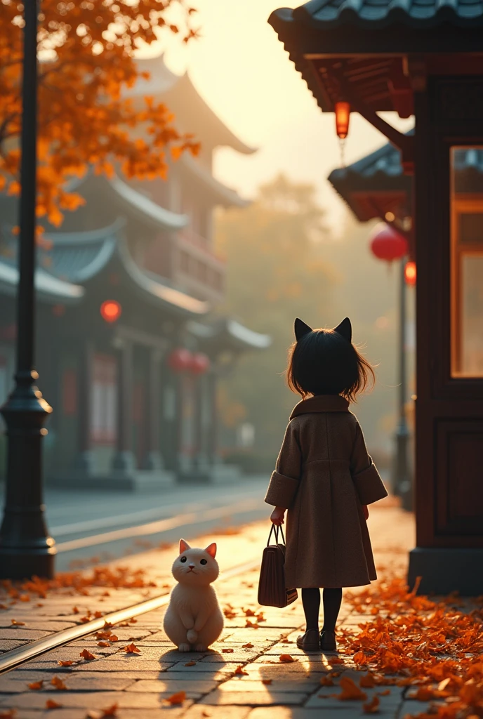 35mm lens,Multiple angles,Countryside scenery,Suburban,Back,side,silhouette,Overhead shot,Cat,Standing,doll,Carrying a small school bag,tram,Beijing,Autumn Station,Wooden house,Platform, cloak,Ruan Jia,Suit,tie, (Delicate face), (Fine fluffy fur),(35mm Cinema Lens),(Multi-angle shooting),(many viewing angles)
