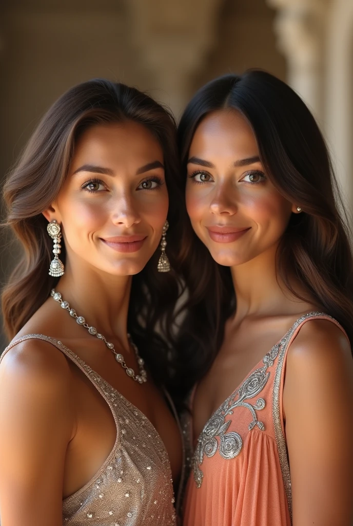 An image from the Dune franchise about a mother and her daughter, The mother is a 41-year-old woman with tanned skin., brown hair and brown eyes, while her daughter is a beautiful 19-year-old girl with brown hair., gray blue eyes, tanned skin and pink lips, smiling sweetly. Both are dressed in royal and elegant silver and salmon-colored outfits.. The background is a royal mansion 