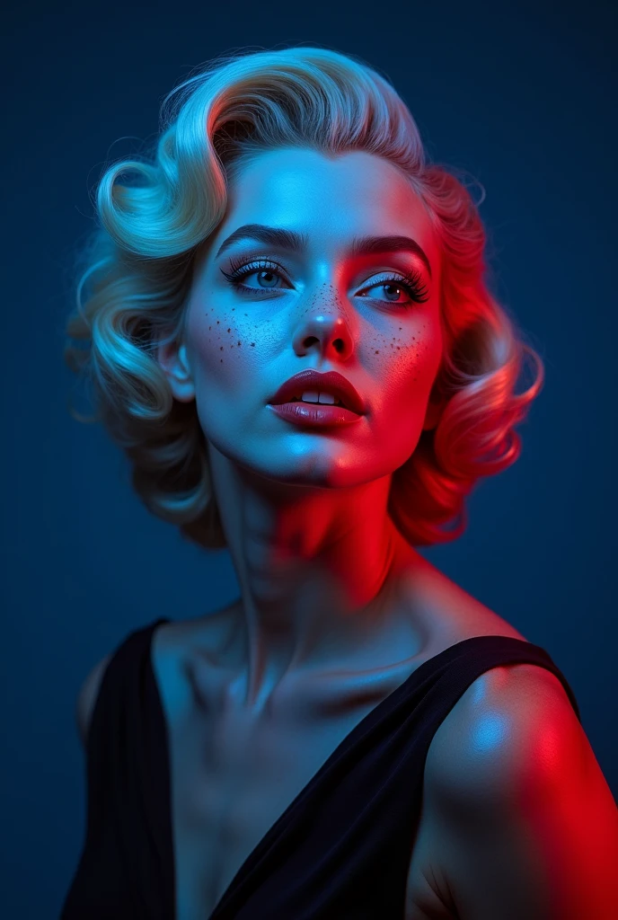 woman with realistic freckles and Marilyn Monroe hair and blue and red studio lights on her and dark blue background