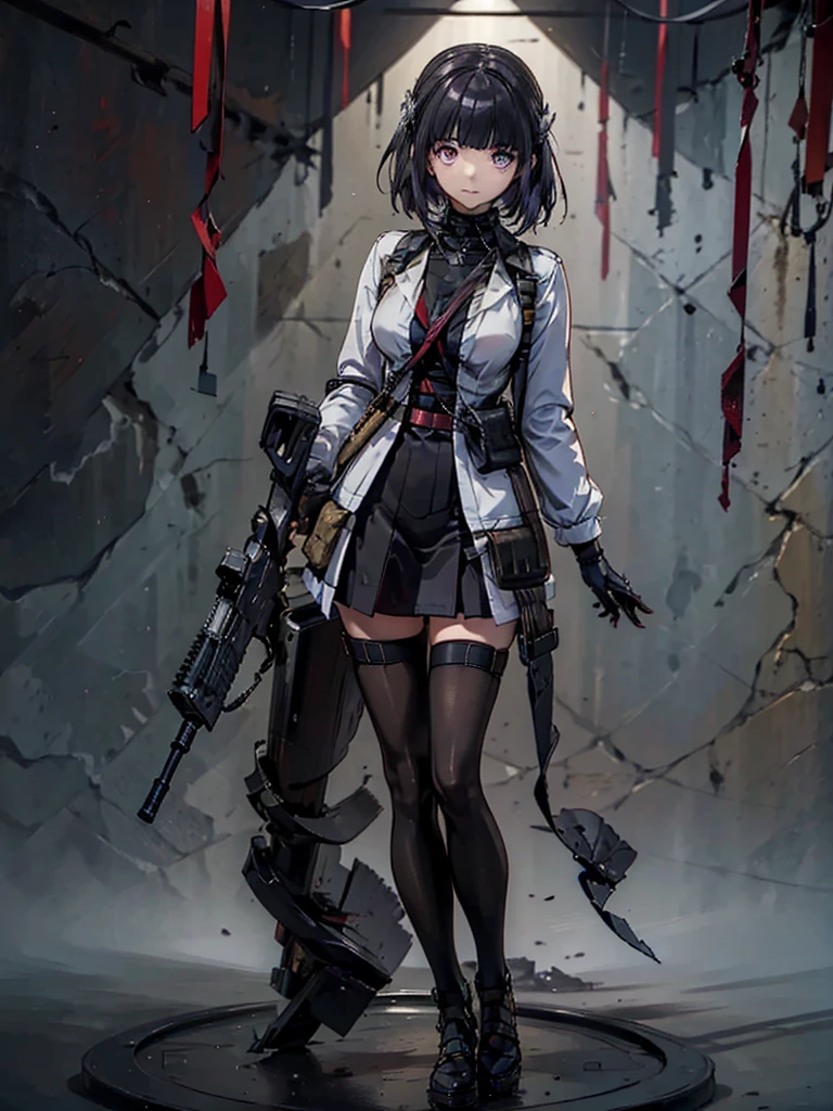 holding_gun, assault_rifle, Holding a steampunk long barrel pistol, ((masterpiece_Portraiture)),(beautiful girl),(Pixiv),(Fantasy), In the spotlight, The background is a dark and desolate landscape, Horror movie atmosphere. Her figure is very beautiful, Emphasizing the dark and crazy elements. Skillfully expressing the effects of light and shadow, detailed, The face and expression of the black costume are also carefully drawn.....,(Tilt your head:1.2), ([sketch|watercolor \(Moderate\)]:1.15),Chaotic abstract background, Vector Trace, Gradient blending and whole body, Artistic elements add depth to the work. The overall atmosphere is creepy and nightmarish....., With a unique artistic touch. This movie is、The dark and crazy world of horror movies depicted in HD., Evoke visual stimuli and aesthetic sense