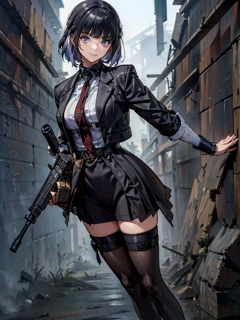 holding_gun, assault_rifle, Holding a steampunk long barrel pistol, ((masterpiece_Portraiture)),(beautiful girl),(Pixiv),(Fantasy), In the spotlight, The background is a dark and desolate landscape, Horror movie atmosphere. Her figure is very beautiful, Emphasizing the dark and crazy elements. Skillfully expressing the effects of light and shadow, detailed, The face and expression of the black costume are also carefully drawn.....,(Tilt your head:1.2), ([sketch|watercolor \(Moderate\)]:1.15),Chaotic abstract background, Vector Trace, Gradient blending and whole body, Artistic elements add depth to the work. The overall atmosphere is creepy and nightmarish....., With a unique artistic touch. This movie is、The dark and crazy world of horror movies depicted in HD., Evoke visual stimuli and aesthetic sense