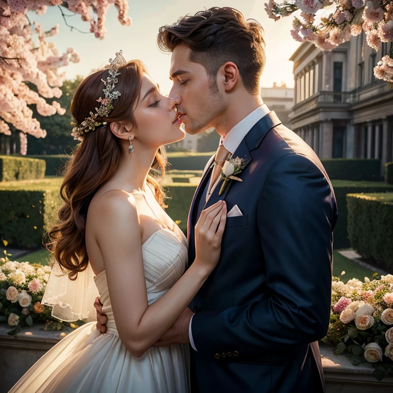 (masterpiece, best quality:1.5), highest quality, High resolution, super detailed, Realists, Upper body photo of a red-haired flower girl and a boy in a suit, detailed and beautiful eyes, beautiful detailed lips, very detailed eyes and face, longeyelashes, Young girl in short dark blue bridesmaid dress made of shiny satin fabric, Beautiful and colorful makeup, elegant and noble々Pose,shiny crown in hair, Holding flowers, Gardens as background, soft daylight, bright colors, fine brushstrokes, Portrait style, Noble details in the dress fabric, beautiful color palette, glowing skin, First-class rendering, that captures every detail, enchanting atmosphere, subtle shadows and lights, (perfect anatomy:1.2), (The stunning flower girl is in love with a boy in a suit. Exchange glances. First kiss. (magnificent panorama view:1.2)