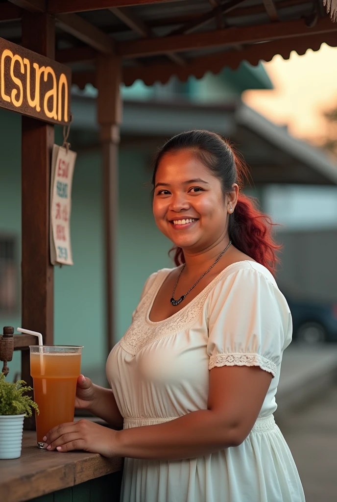 realistic photo shows a 28 year old Sundanese girl selling iced tea. She was wearing a knee-length white house dress, chubby, her hair was dyed slightly reddish, tied in a ponytail, wearing a necklace that said "putra" She was in a simple booth that was marked "ES SUSU TETEH" in big letters and spelled correctly. Late afternoon atmosphere, illuminated by the setting sun. very detail.