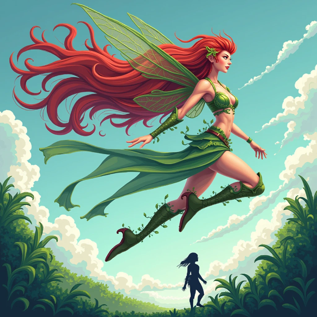 Create a pixel art masterpiece featuring a magnificent great fairy gracefully gliding through the air on her ethereal wings, radiating sassiness with every movement. Her vibrant red hair flows behind her, intertwined with delicate ferns that adorn her majestic form. With a cheeky expression, she gazes down at a tiny hero silhouette below, adding a playful touch to the scene. The intricate details of her fairy features are meticulously captured