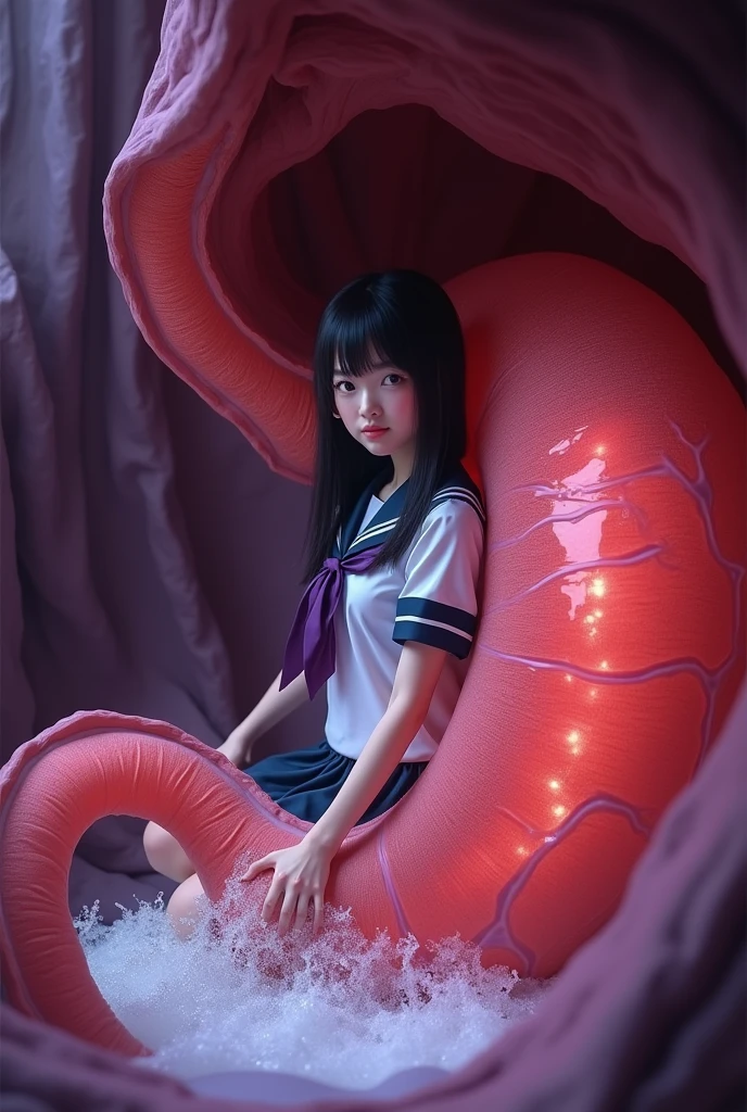 internal huge stomach view like stomach endoscopy, a japanese woman inside the stomach She sat for a while playing in the dark purple water with foam up to her waist,She wears a school uniform, short skirt