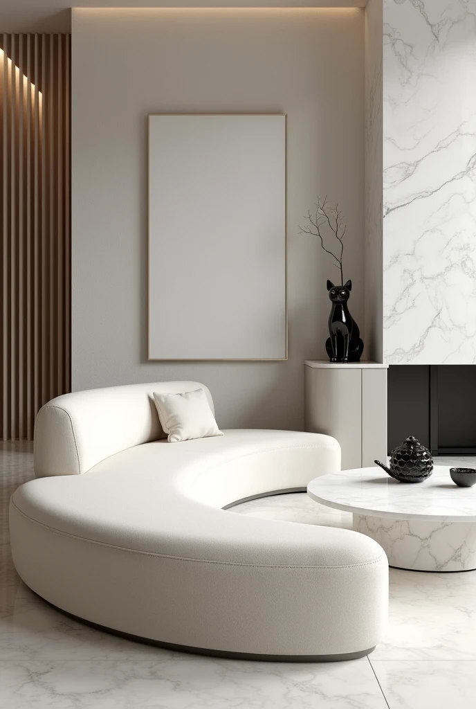 Professional 3d architecture rendering design of modern and minimal white velvet Modern and chic big curve shape sofa and white slab stone marble table and modern and elegant accessories and modern and spiral painting wall and modern flout white marble slab stone fireplace showing complete and black glassy cat squptur