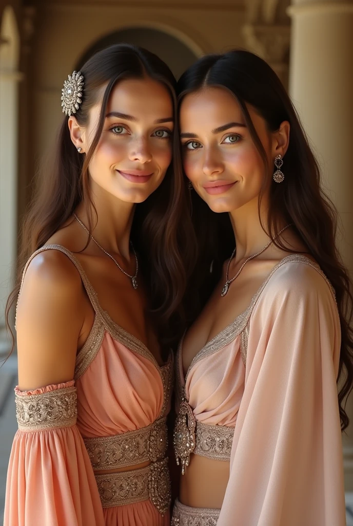An image from the Dune franchise about a mother and her daughter, The mother is a 41-year-old woman with tanned skin., brown hair and brown eyes, while her daughter is a beautiful 19-year-old girl with brown hair., gray blue eyes, tanned skin and pink lips, smiling sweetly. Both are dressed in royal and elegant silver and salmon-colored outfits.. The background is an elegant mansion 