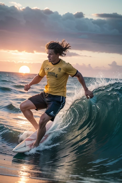 Image Description:

Setting: A beach at sunset, with the sun low on the horizon, casting the sky in shades of orange and pink. The waves are perfect, large and powerful, with white foam at the top.

Surfers: Two young men are surfing on the same wave, side by side, each on their own board. Both have expressions of joy and focus, showcasing skill and confidence as they glide along the face of the wave.

First Surfer:

Clothing: He is wearing the yellow CEDUP school shirt, with the school logo visible on his chest. The shirt is slightly wet, clinging to his athletic frame.
Shorts: He is wearing gray board shorts, which stand out against the blue of the water. The shorts are of medium length, comfortable and perfect for surfing.
Surfboard: His surfboard is colorful, with vibrant tones that contrast with the softer colors of the setting. He is in a balanced stance, with arms outstretched to maintain equilibrium as he surfs.
Second Surfer:

Clothing: He is also wearing the yellow CEDUP school shirt, but the fabric is looser, fluttering slightly with the movement.
Shorts: His gray shorts are similar to the first surfer's, but with a slightly different design or pattern for distinction.
Surfboard: This surfer's board might have a different design, perhaps with geometric patterns or a stylized graphic, but equally vibrant. He is leaning slightly forward, expertly cutting through the wave.
Additional Details: Small water splashes are visible around the surfers, capturing the energy and motion of the scene. In the background, the horizon line is visible, with a few other waves forming, and perhaps the silhouette of another surfer getting ready to catch a wave.