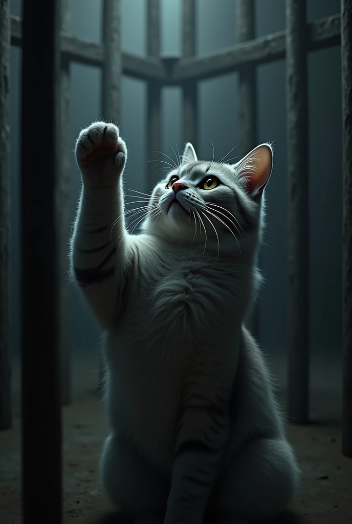Night darkness、In a cage at the zoo、Details、Grey color Persian cat、One arm raised in greeting