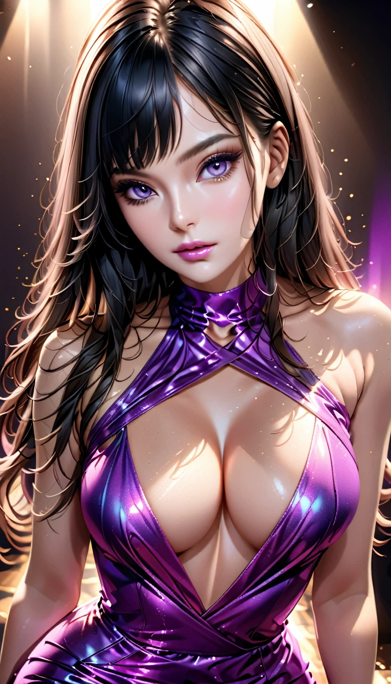 a stylish girl, long black hair, beautiful detailed eyes, beautiful detailed lips, extremely detailed face, long eyelashes, glossy lips surface, vibrant pink lips, shiny purple metallic dress, cleavage, photorealistic, 8k, (best quality:1.2), hyper detailed, (realistic:1.37), elegant, chic, modern, studio lighting, cinematic,