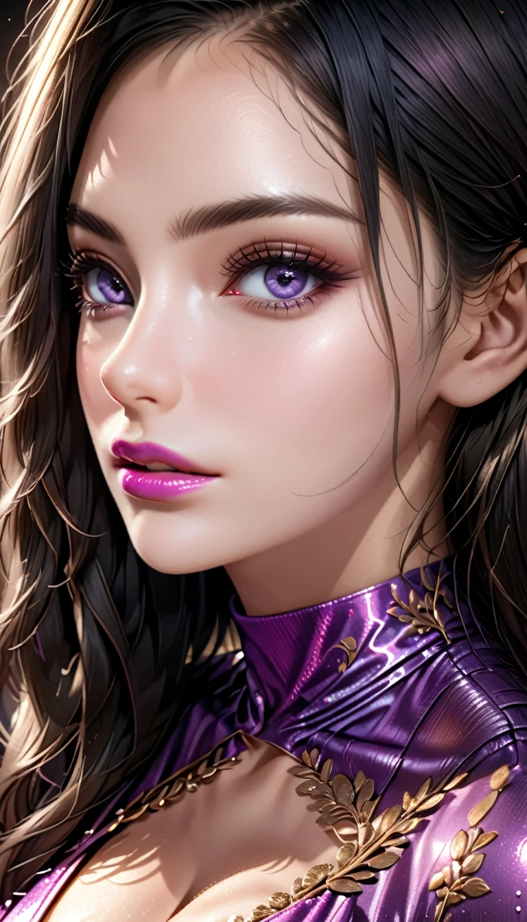 a stylish girl, long black hair, beautiful detailed eyes, beautiful detailed lips, extremely detailed face, long eyelashes, glossy lips surface, vibrant pink lips, shiny purple metallic dress, cleavage, photorealistic, 8k, (best quality:1.2), hyper detailed, (realistic:1.37), elegant, chic, modern, studio lighting, cinematic,