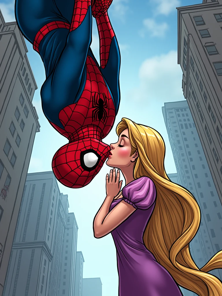 Make a comic book style one where Spiderman and Rapunzel kiss while Spiderman hangs upside down from his web. Rapunzel has to stand holding her face, which will be uncovered and Spiderman's face will be visible and it will be seen that he is Peter Parker