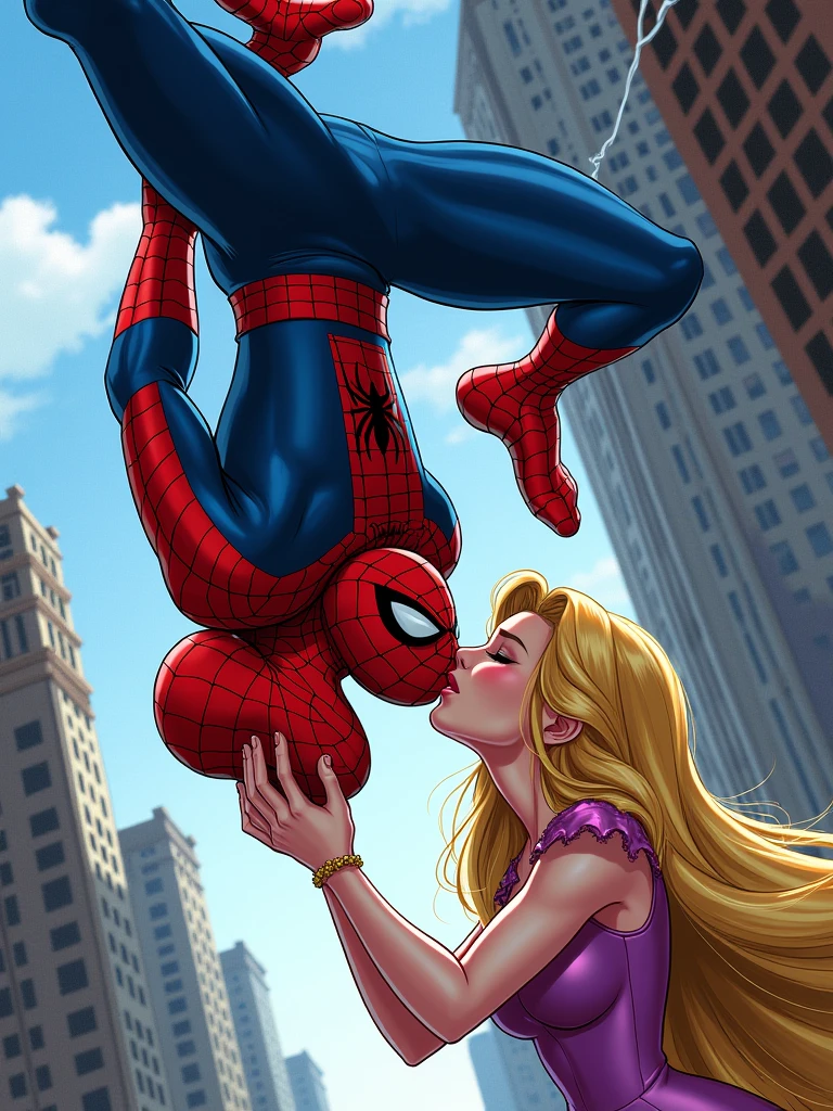 Make a comic book style one where Spiderman and Rapunzel kiss while Spiderman hangs upside down from his web. Rapunzel has to stand holding her face, which will be uncovered and Spiderman's face will be visible and it will be seen that he is Peter Parker