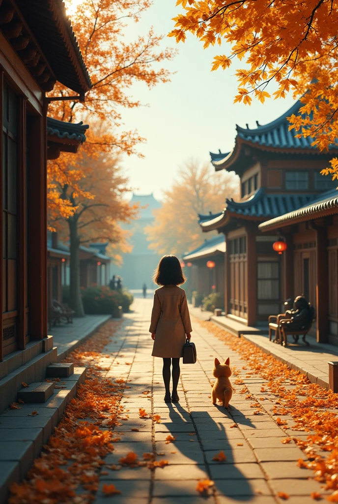 Beijing街头,35mm lens,Multiple angles,Countryside scenery,Suburban,Back,side,silhouette,Overhead shot,Cat,Standing,doll,Carrying a small school bag,tram,Beijing,Autumn Station,Wooden house,Platform, cloak,Ruan Jia,Suit,tie, (Delicate face), (Fine fluffy fur),(35mm Cinema Lens),(Multi-angle shooting),(many viewing angles)
