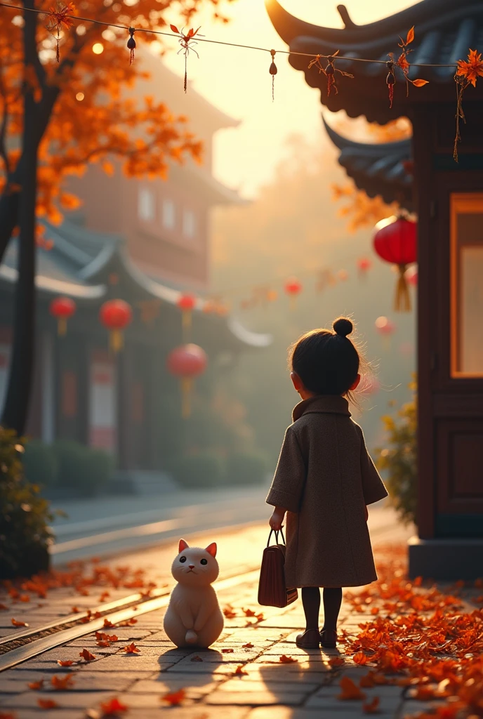 Beijing街头,35mm lens,Multiple angles,Countryside scenery,Suburban,Back,side,silhouette,Overhead shot,Cat,Standing,doll,Carrying a small school bag,tram,Beijing,Autumn Station,Wooden house,Platform, cloak,Ruan Jia,Suit,tie, (Delicate face), (Fine fluffy fur),(35mm Cinema Lens),(Multi-angle shooting),(many viewing angles)
