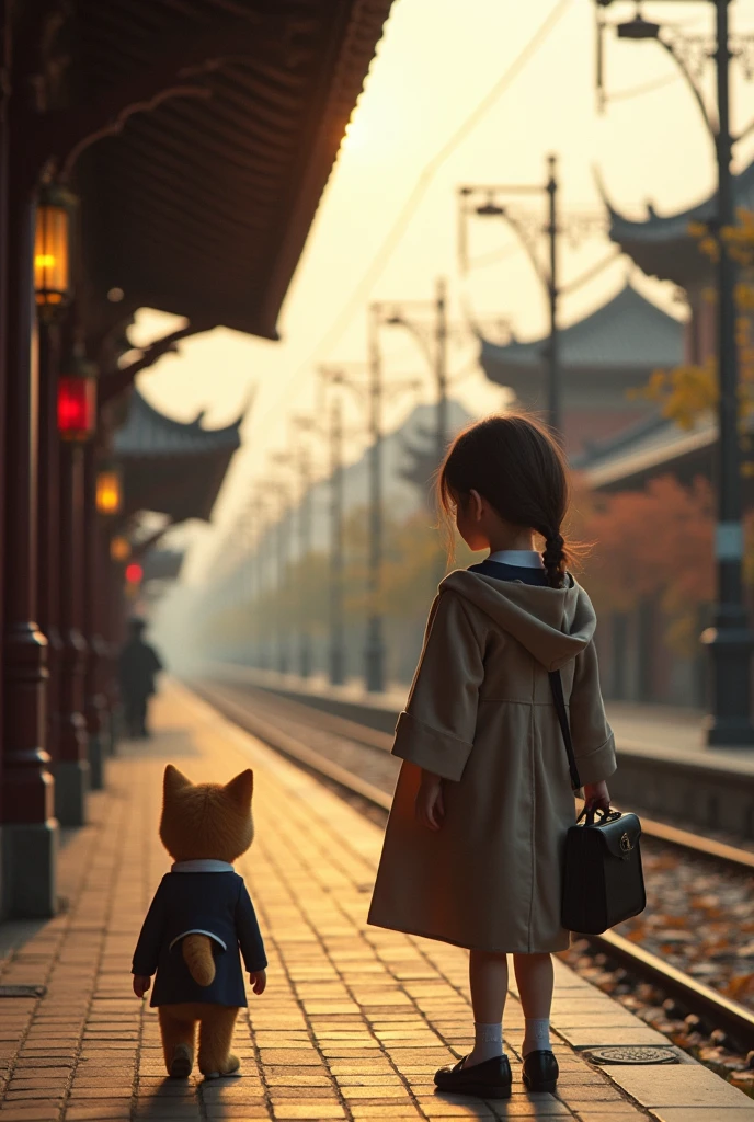 Beijing街头,35mm lens,Multiple angles,Countryside scenery,Suburban,Back,side,silhouette,Overhead shot,Cat,Standing,doll,Carrying a small school bag,tram,Beijing,Autumn Station,Wooden house,Platform, cloak,Ruan Jia,Suit,tie, (Delicate face), (Fine fluffy fur),(35mm Cinema Lens),(Multi-angle shooting),(many viewing angles)