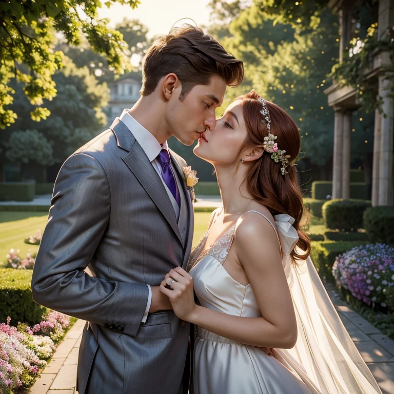 (masterpiece, best quality:1.5), highest quality, High resolution, super detailed, Realists, Upper body photo of a red-haired flower girl and a boy in a suit, detailed and beautiful eyes, beautiful detailed lips, very detailed eyes and face, longeyelashes, Young girl in purple short dress made of shiny satin fabric, Beautiful and colorful makeup, elegant and noble々Pose,shiny satin headband, grind, Holding flowers, Gardens as background, soft daylight, bright colors, fine brushstrokes, Portrait style, Noble details in the dress fabric, beautiful color palette, glowing skin, First-class rendering, that captures every detail, enchanting atmosphere, subtle shadows and lights, (perfect anatomy:1.2), (The stunning flower girl is in love with a boy in a grey suit. Exchanging glances. First kiss. (magnificent panorama view:1.2)