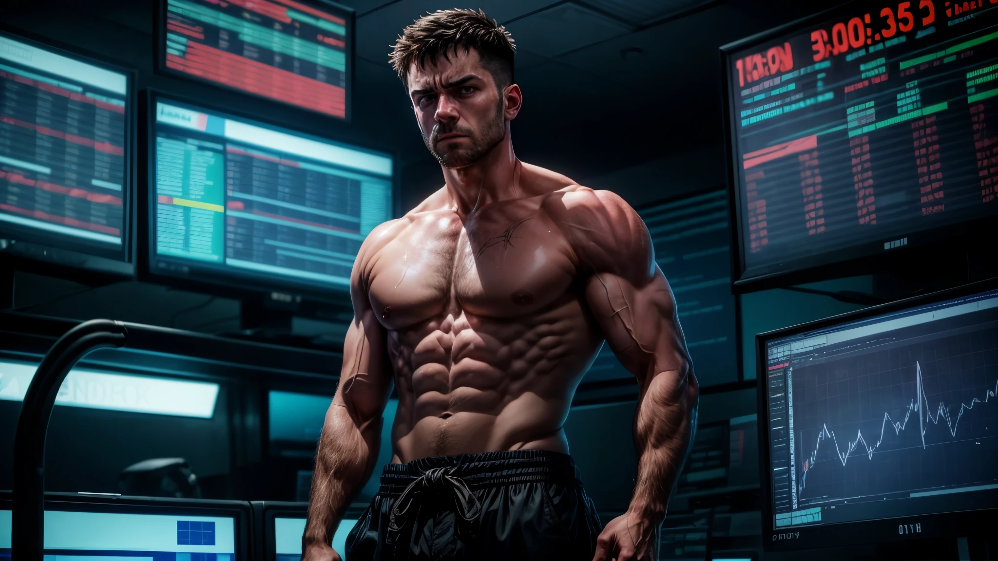 Standing in Frustration: Jason stands in front of his trading desk, bathed in a harsh blue light from the screens displaying significant losses. His fists are clenched, and his posture is tense as he stares down at the glowing charts. The blue light highlights the anger and frustration on his lean, tired face as he grapples with ther round of setbacks.
undefined, undefined, undefined, undefined, undefined, undefined,