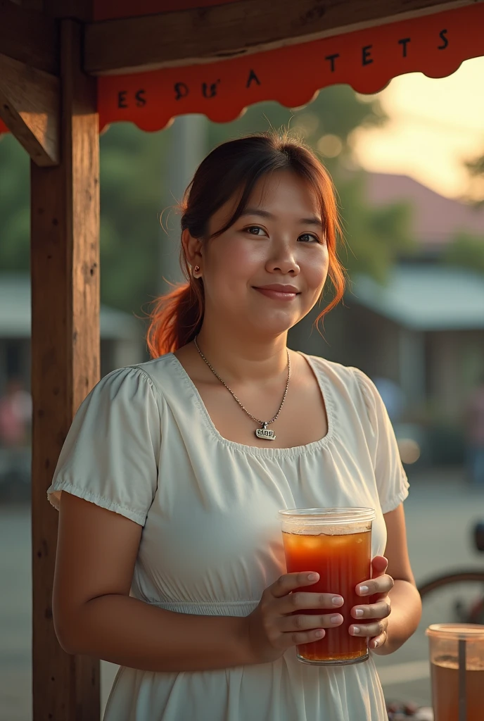 realistic photo shows a 28 year old Sundanese girl selling iced tea. She was wearing a knee-length white house dress, chubby, her hair was dyed slightly reddish, tied in a ponytail, wearing a necklace that said "putra" She was in a simple booth that was marked "ES SUSU TETEH" in big letters and spelled correctly. Late afternoon atmosphere, illuminated by the setting sun. very detail.