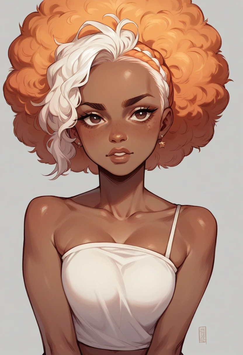 Fold brown skin doll with orange hair with white highlights afro hair