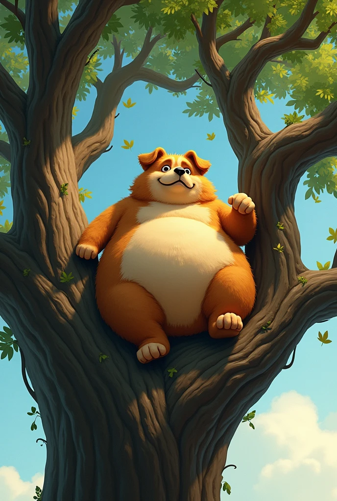 Fat dog on top of a tree
