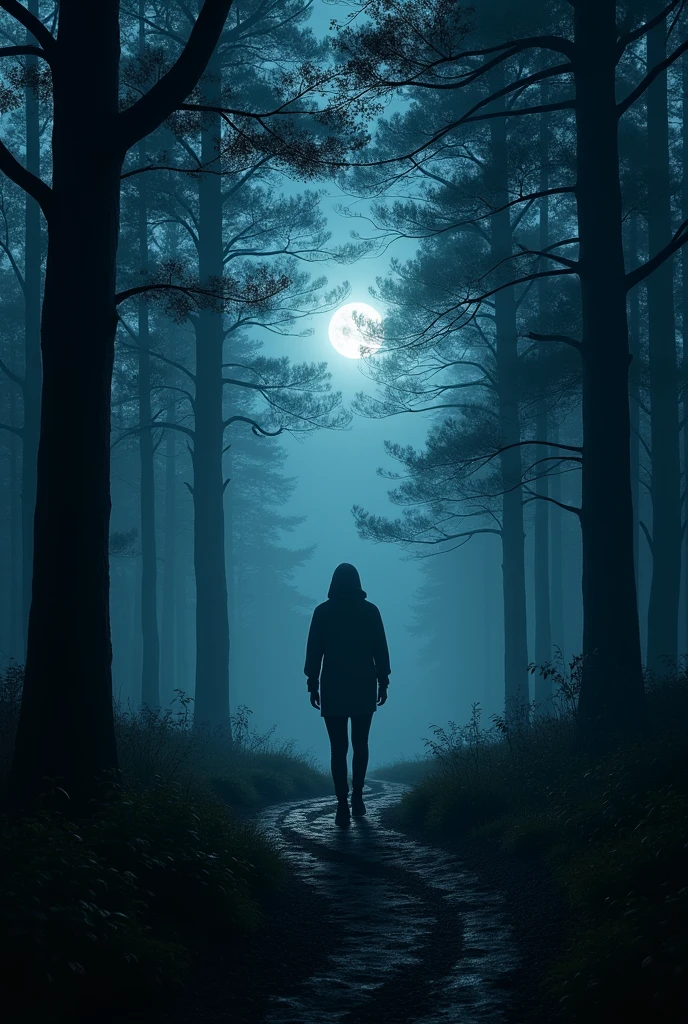A person taking a walk at night in the forest feeling the rustling of leaves under their feet. A penetrating atmosphere