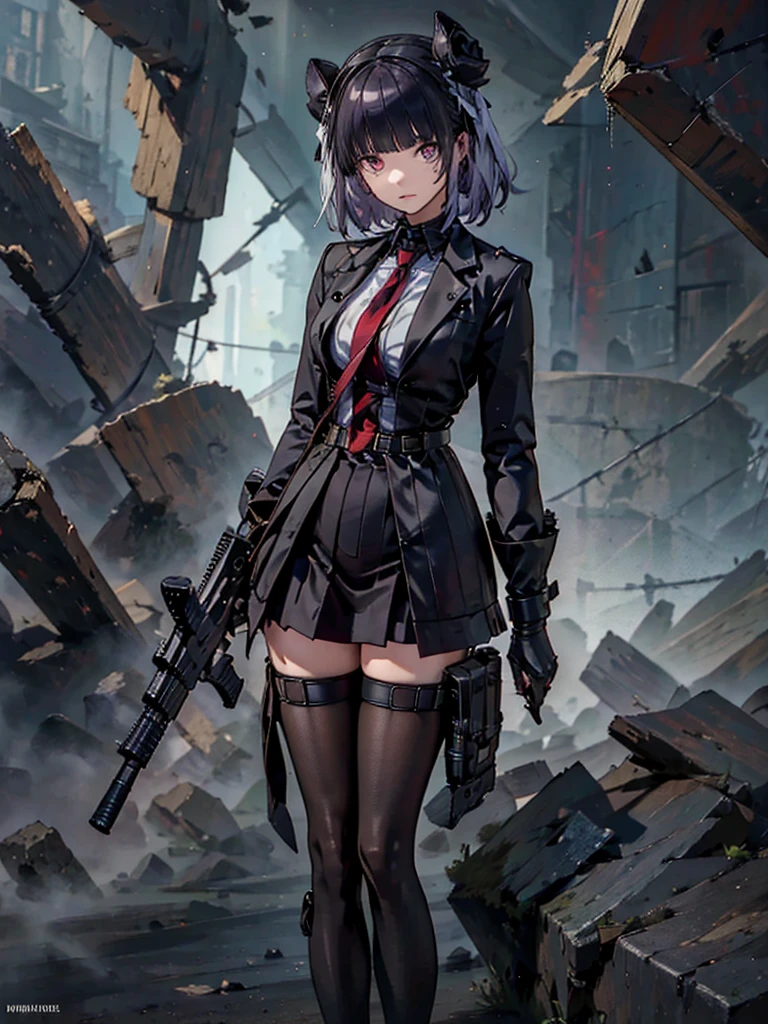 holding_gun, assault_rifle, Holding a steampunk long barrel pistol, ((masterpiece_Portraiture)),(beautiful girl),(Pixiv),(Fantasy), In the spotlight, The background is a dark and desolate landscape, Horror movie atmosphere. Her figure is very beautiful, Emphasizing the dark and crazy elements. Skillfully expressing the effects of light and shadow, detailed, The face and expression of the black costume are also carefully drawn.....,(Tilt your head:1.2), ([sketch|watercolor \(Moderate\)]:1.15),Chaotic abstract background, Vector Trace, Gradient blending and whole body, Artistic elements add depth to the work. The overall atmosphere is creepy and nightmarish....., With a unique artistic touch. This movie is、The dark and crazy world of horror movies depicted in HD., Evoke visual stimuli and aesthetic sense